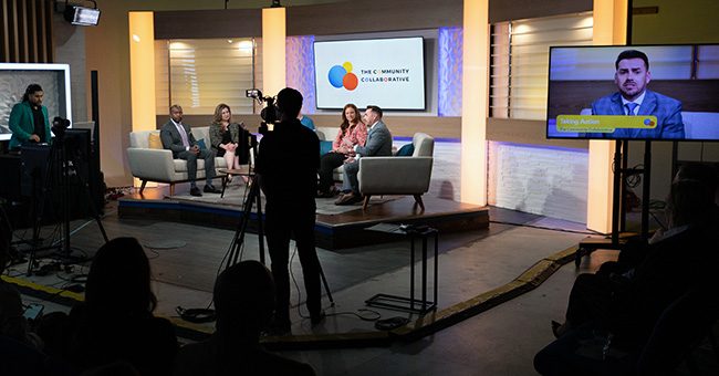 The Community Collaborative Action Panel from the studio audience perspective during the taping of It Happens at STN: Episode 8 on May 4, 2023 (STN / Brett Haehl)