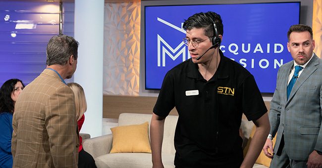 STN Production Manager Pablo Perez and Founder Eric Sperling help ready gusts before the McQuaid Mission Action Panel during the taping of It Happens at STN: Episode 8 on May 4, 2023 (STN / Brett Haehl)