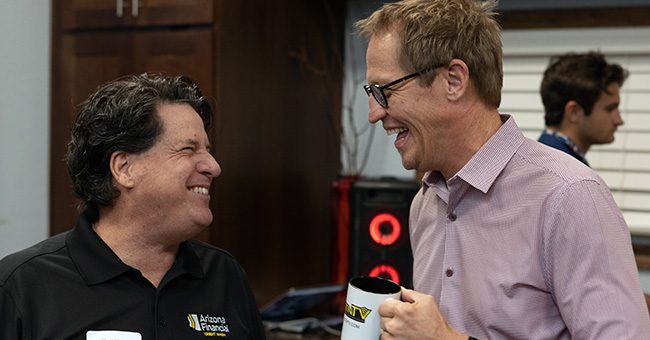 STN Partner Executive Mathew Blades speaks with a guest prior to the taping of the June episode of It Happens at STN on May 18, 2023. (STN/Brett Haehl)