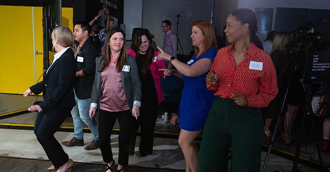 STN staff and guests dance in the studio following the taping of the June episode of It Happens at STN on May 18, 2023. (STN/Brett Haehl)