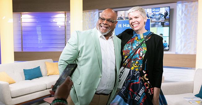 Fashion Designer Angela Johnson poses with a picture with a guest following the taping of the June episode of It Happens at STN on May 18, 2023. (STN/Brett Haehl)