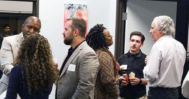 Guests chat in the STN offices before the taping of the third episode of It Happens at STN on November 3, 2022. (STN/Brett Haehl)