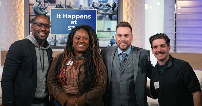 STN Hosts Eric Sperling and Lloyd Hopkins pause for a photo with guests before the taping of the third episode of It Happens at STN on November 3, 2022. (STN/Brett Haehl)