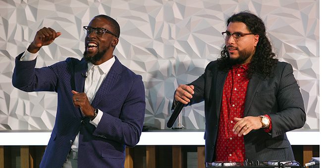 STN Host and In the Room Producer Lloyd Hopkins dances with DJ Prolific and the studio audience before the taping of It Happens at STN: Episode 5 in Downtown Phoenix, February 2, 2023 (STN/Brett Haehl)