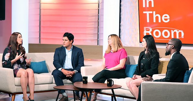 STN Brand Partnerships Director and Host Lloyd Hopkins and Stephanie Parra, Executive Director of All In Education on stage with Rosie's House CEO Becky Bell Ballard, Daniela Vizcarra from Gila River Resorts & Casinos, and Ivan Martinez Morales from Rosie's House during the second episode of It Happens at STN, October 6, 2022 (STN/Brett Haehl)