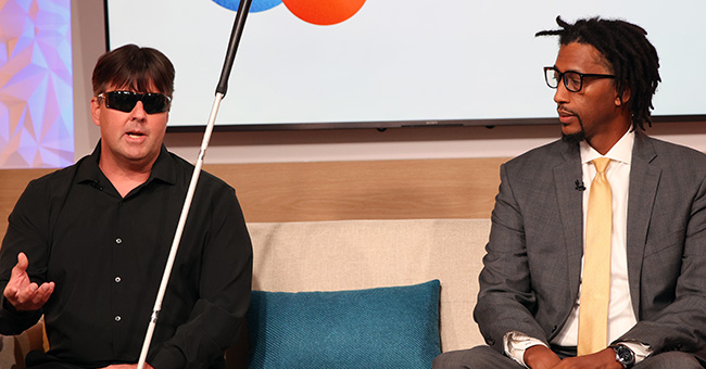 Mike Hess from the Blind Institute of Technology and Kenneth Mims from the Neurodiversity Education & Research Center on stage during the October 20222 episode of It Happens at STN. (STN)