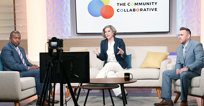Black Chamber of Arizona CEO Robin Reed and Carla Vargas Jasa, President and CEO of the Valley of the Sun United Way join Eric Sperling on stage for a Community Collaborative action panel on December 2, 2022. (STN/Brett Haehl)